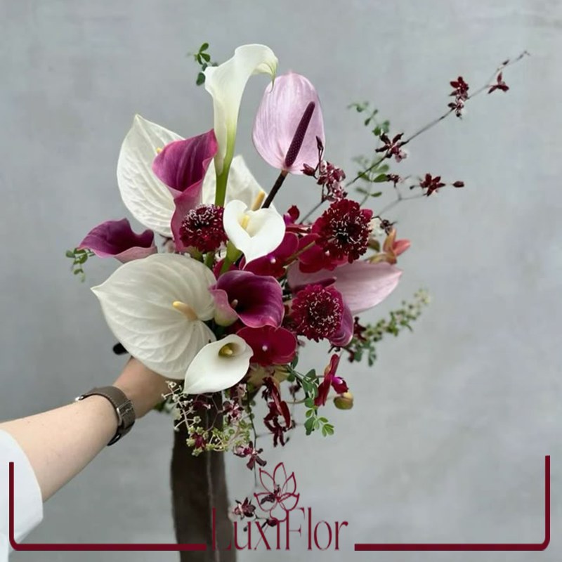 دسته گل ارکیده بنفش و آنتوریوم کد 3005